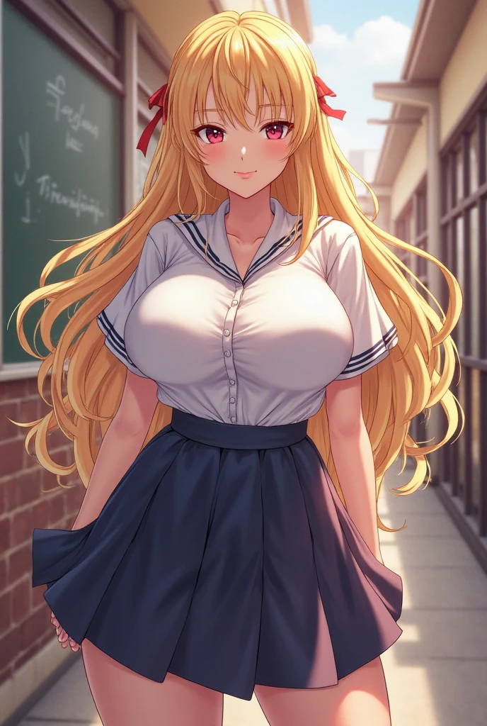 masterpiece, top-quality, hight resolution, kitagawa marin, 1girl in, blonde hair, length hair, O cabelo multicolorido, red eyes, jewely, 耳环, piercings, 校服, white shirt, Tied shirt, a black choker, Blue tie, plaid skirts, is standing, cowboy shot, plein air,Colossal tits(Breast Abundance)、Voluptuous thighs and buttocks、red blush、sexual pose、AHE Face