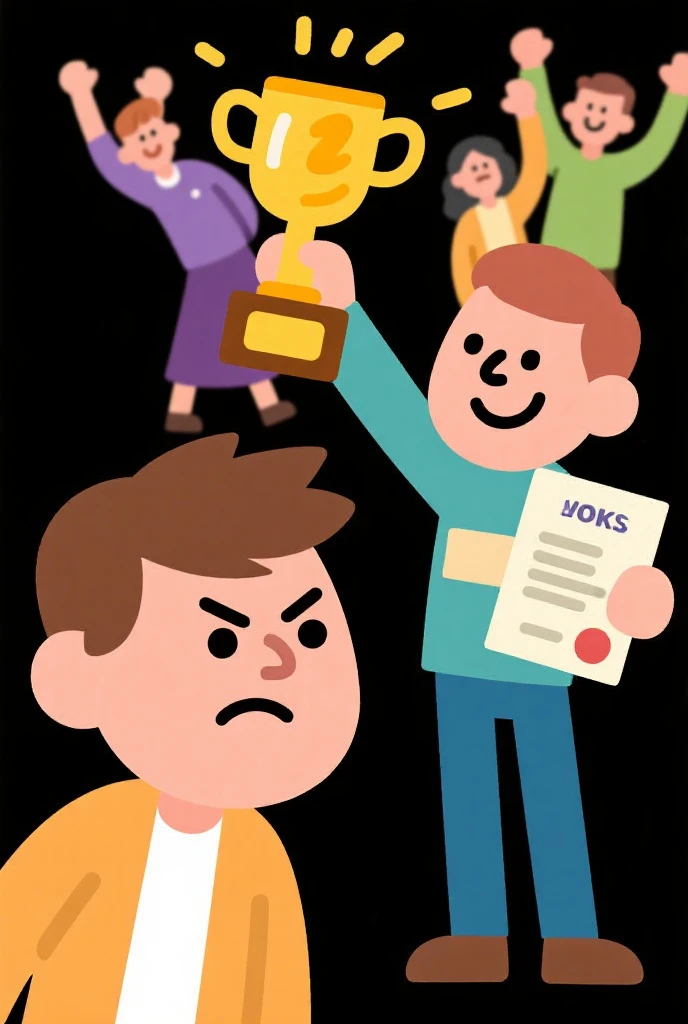 Create a clip art showing a person looking jealous or indifferent while their friend or family is celebrating a success—one person is smiling with a trophy or certificate, while another looks away or frowns, showing lack of support.”
