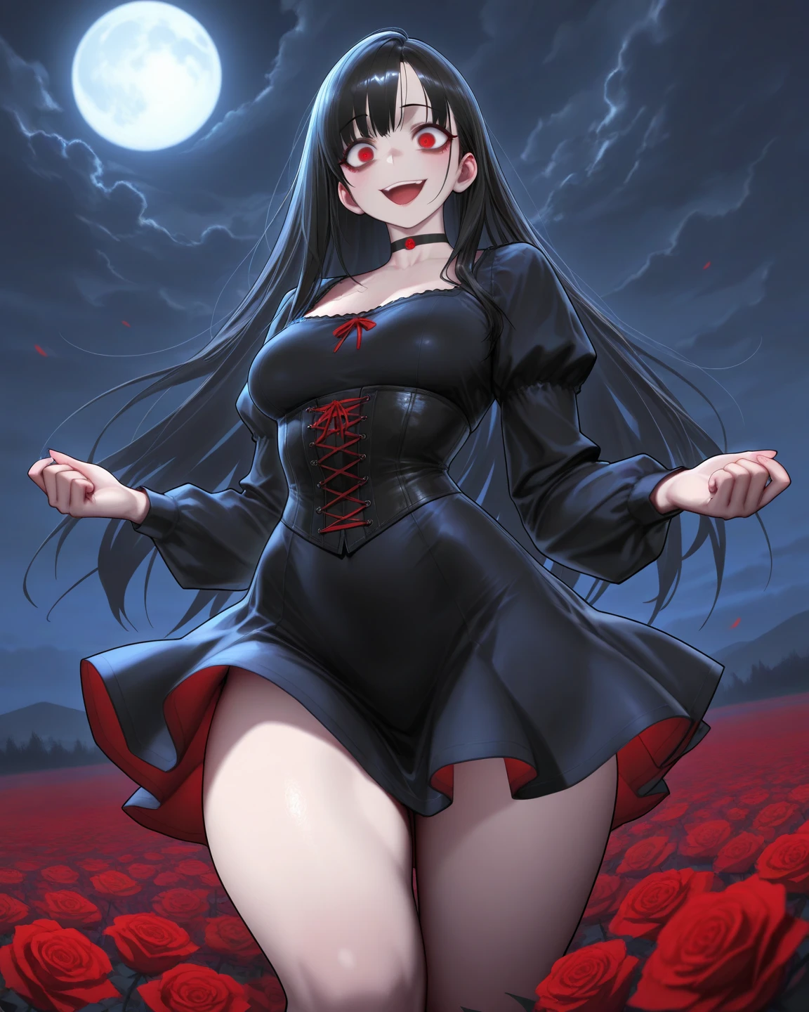 solo, 1girl, seductive smile, black hair, long hair, blunt bangs, red eyes, Granny_dress - A granny dress is a loose fitting dress with long sleeves. This dress usually has ruffles or flounces and a high collar., space station, mountain desert, gradient, night, fairytale, surreal, mystical <lora:naomura_tooru_style_v01:0.75>