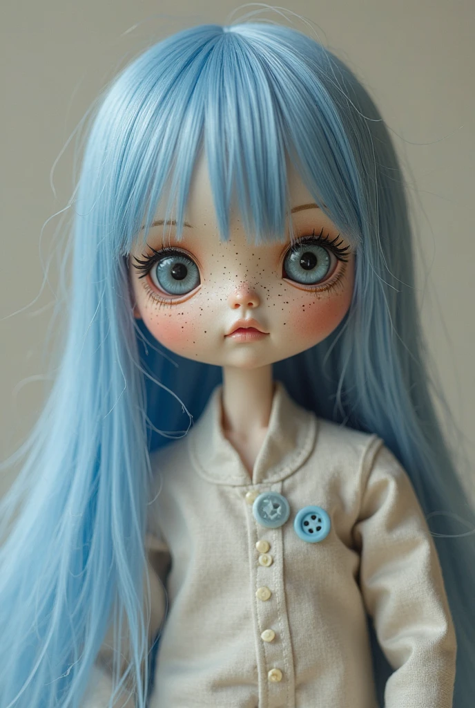 You can create a pale white BLYTHE doll, black hair, micro bang and medium green sky blue eyes with some polka dots?