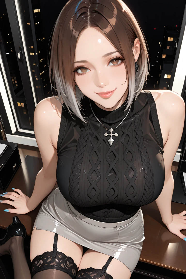 (highest quality、high detail:1.1、Very attractive adult beauty、Add intense highlights to your eyes、Backwards、look back、Beautiful woman full of adult charm、perfect anatomy、silver hear、long hair、shiny hair、lip gloss),1 girl, solo, realistic、tilt your head a little, short and shiny hair、 knit sweater、stylish muffler,bangs、Big eyes、eyelash、face is a little red、embarrassing)、((hotel、on bed))、Big eyes、Give students very strong highlights、(huge breasts:1.4}、very big ger breasts、very beautiful beauty、Please show your ears、long neck、smile a little、beautiful teeth、open your mouth and smile、heart-shaped eyes))、28 years old、very cute super model、tall、(gravure pose、fullbody:1.2)