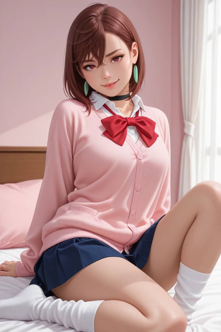 (Browsing Caution:1.3), ((masterpiece)), ((Highest quality)), (Very detailed), ((cute)), cute, (Multi-point), ((sexy)), (device), ((Very detailed)), 4K, (8k), Highest quality, (beautiful), hyper cute face, shape, Anime Style,hyper Genuineistic, Genuine, Dynamic Angle, ((whole body)), close, Thick outline, Clear contours, at school, (1 person, cute girl:1.5), (Schoolgirl uniform :1.5), beautiful light brown hair, beautiful brown eyes, ((beautiful eyes)), (White and pink stripes々good、White and pink stripes々Showing panties:1.5), short hair, Big Breasts, shoes, smile、Over the knee socks