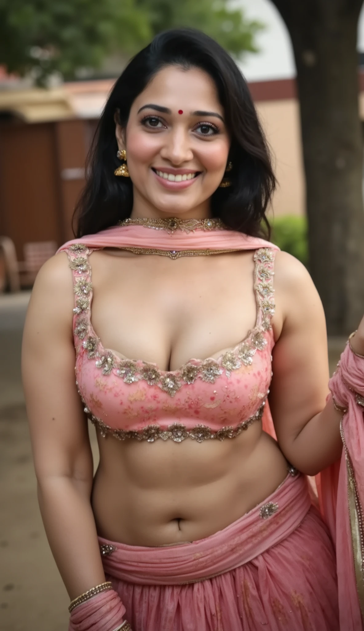Full body photo of hourglass figure Mature Indian in traditional salwar, deep cleavage , navel and sleeveless bra, bending forward to show her cleavage , blue black