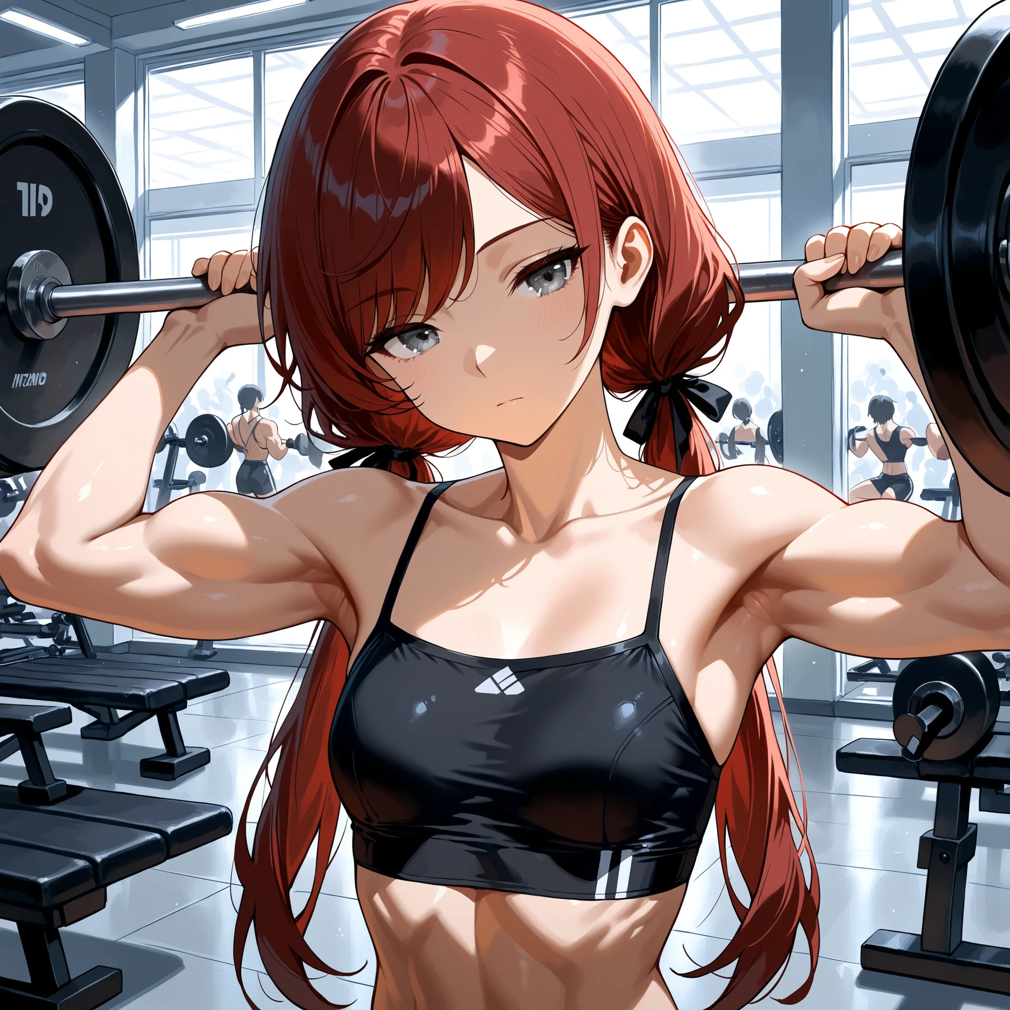 Hair: Long and wavy, the color of ripe acai berries.
Eyes: Dark brown, with a curious and determined sparkle.
Height: 5’7" (170 cm)
Body: Slender and athletic, with well-defined muscles from her expeditionsbusty and delicious .
Tattoos: A small anchor on her left wrist, a reminder of her travels around the world.
weight lifting the gym  
She looks like she's trying too hard  