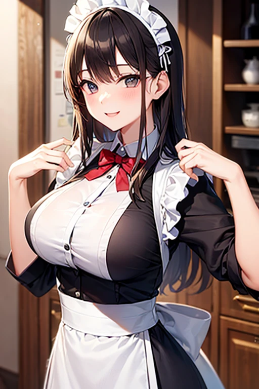 beautiful girl、maid Cafe、Maid clothes、The upper body is shown、Dazzling Smile、,Big Breasts、Long black hair
