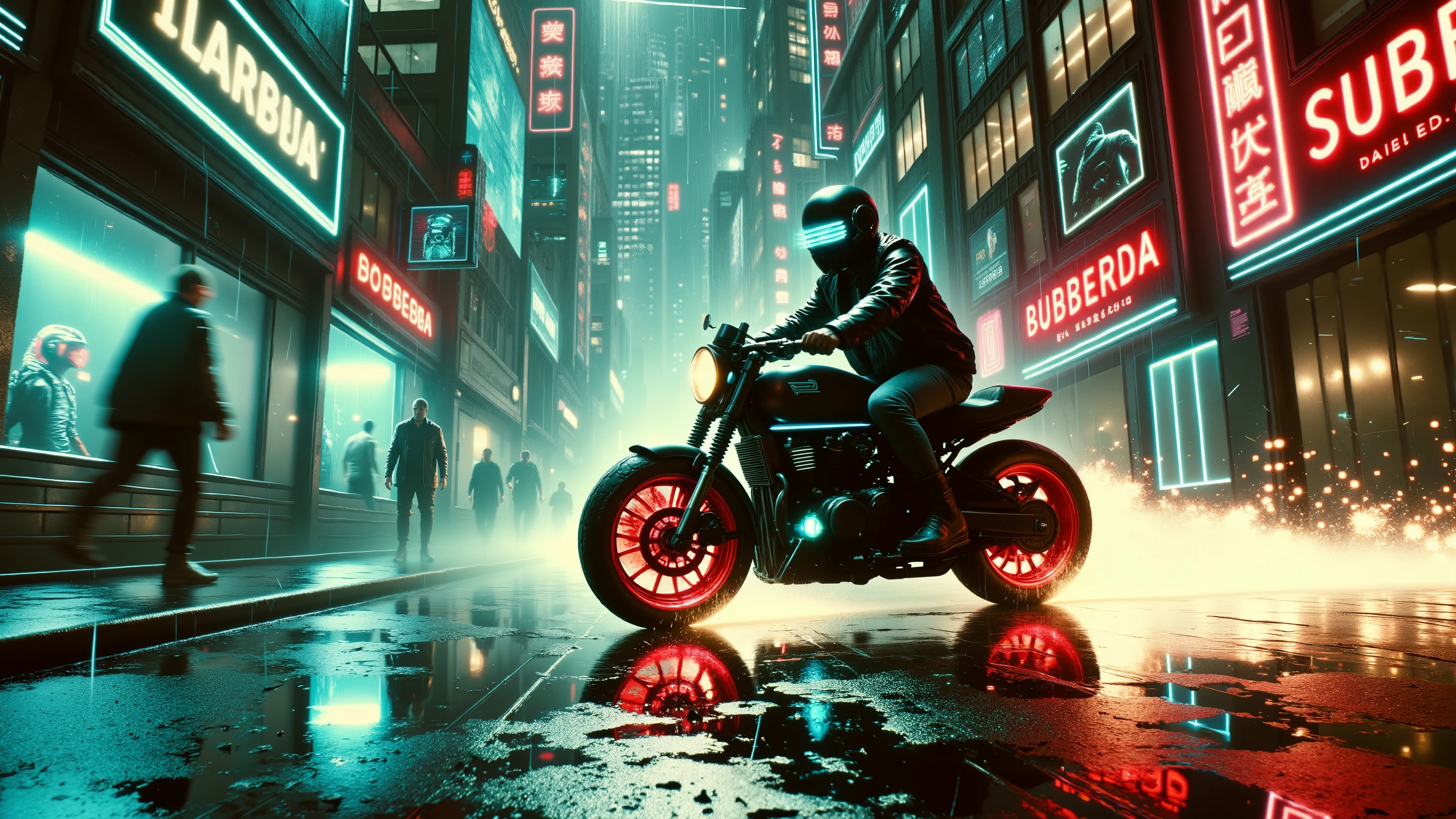 A lone biker in a neon-lit street escaping through the rain at night — futuristic motorcycle with glowing wheels and retro-futuristic design, sparks flying behind, rain hitting the asphalt, city lights blurred in the background, driver in a helmet with glowing visor and leather jacket — dramatic chase atmosphere, Blade Runner style, 80s synthwave colors, cinematic motion blur. 4k
