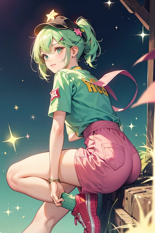 She has a light-green skin, green short hair, violet short sleeve shirt, red vest with a matching short knee length skirt, black leather belt, white socks, red and violet shoes, and white panties. SPARKLE; GLITTER