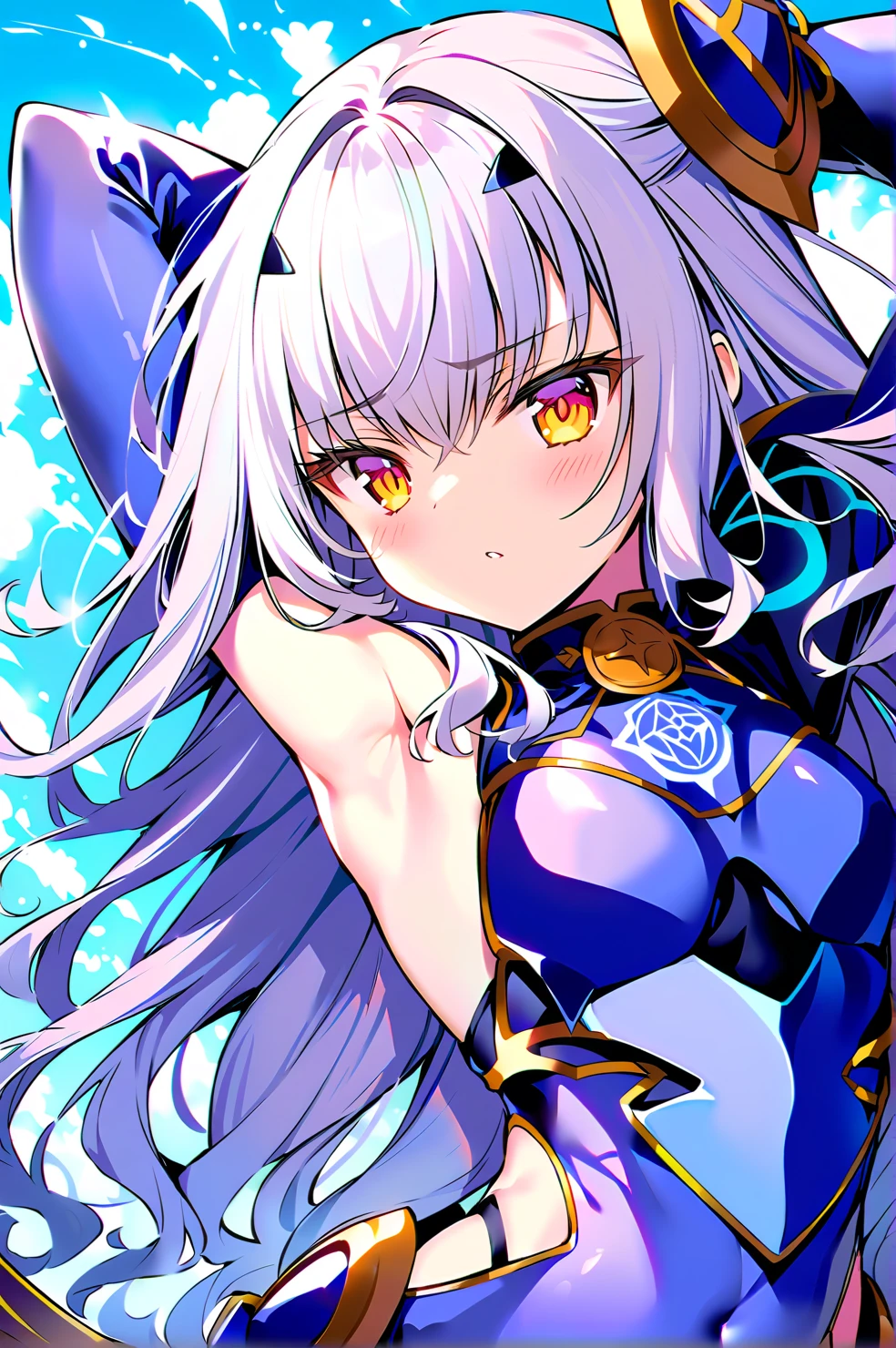 (masterpiece, best quality, ultra-detailed), SkirkGI, red eyes, long hair, white hair, blue hair, hair ornament, long sleeves, (portrait shot, upper body), looking at viewer