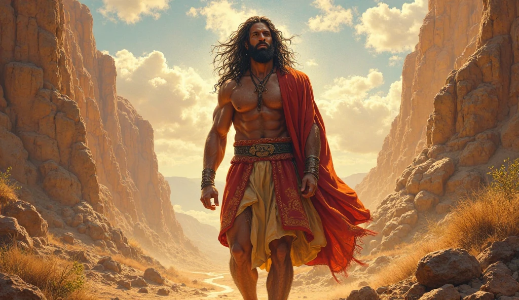 Create a super muscular Jesus in a Greek robe with huge muscles flying in the sky with sun rays between clouds