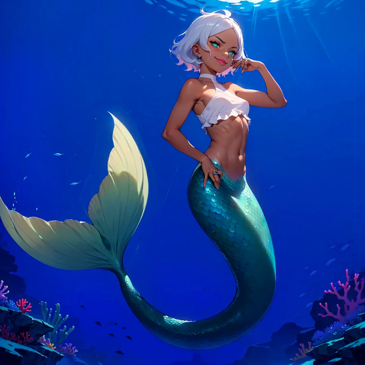 Caricature: A whimsical and artistic depiction of a very elderly 50 year old mermaid lying on a rock in the ocean. Very big tits. She is smiling broadly. The mermaid has long hair that flutters in the breeze. The mermaid is positioned as if she is lying 3/4, belly down on the rock-rock. The scene takes place against a beautiful blue sky. The mermaid is surrounded by various elements, pebbles, seaweed, strong and large splashes from the waves. Disney Pixar cartoon style. Blurred background. Light haze.