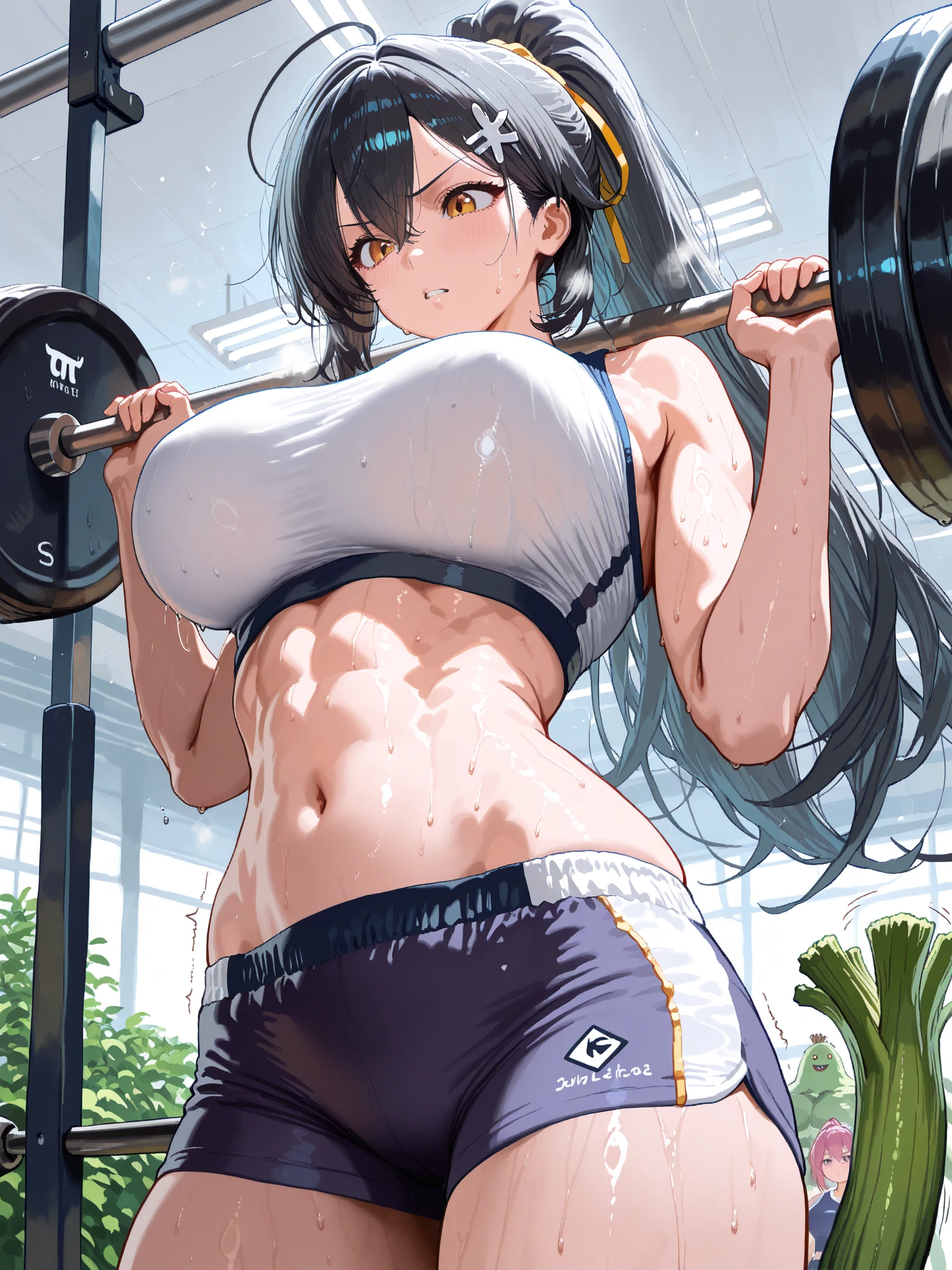 gym, exersice, workout, hot, sweating, sweaty, tan, big boobs, tan skin, lifting, flustered, blush, cheeta camo clothes, see thru,cheeta camo, cheeta pattern, black hair, ponytail, pants, cheeta pants, red eyes,