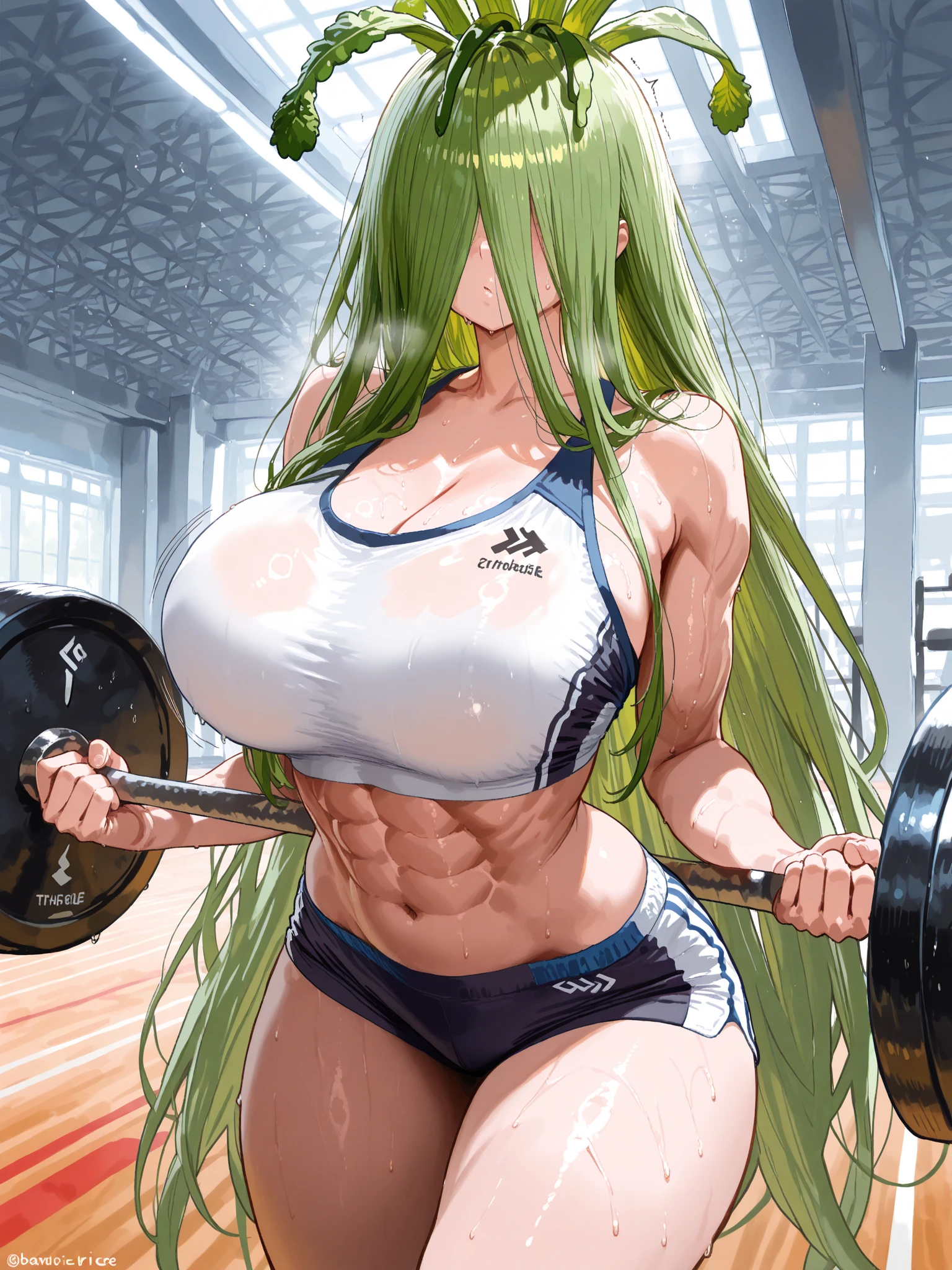 Perfect CG unity 8K UHD wallpaper( Latina girl with ((((( huge fake breasts:40.7 ))))) cleavage showing bodybuilder toned muscular body, pale skin, long dyed green hair, vibrant and shining eyes in the moonlight, long detailed eyelashes) seductive sexy smile facial expression, blushing, thick thighs, standing in a dynamic pose, Wearing a hoodie, tank top and shorts, in a gym, PERFECT MASTERPIECE, Best quality, best resolution