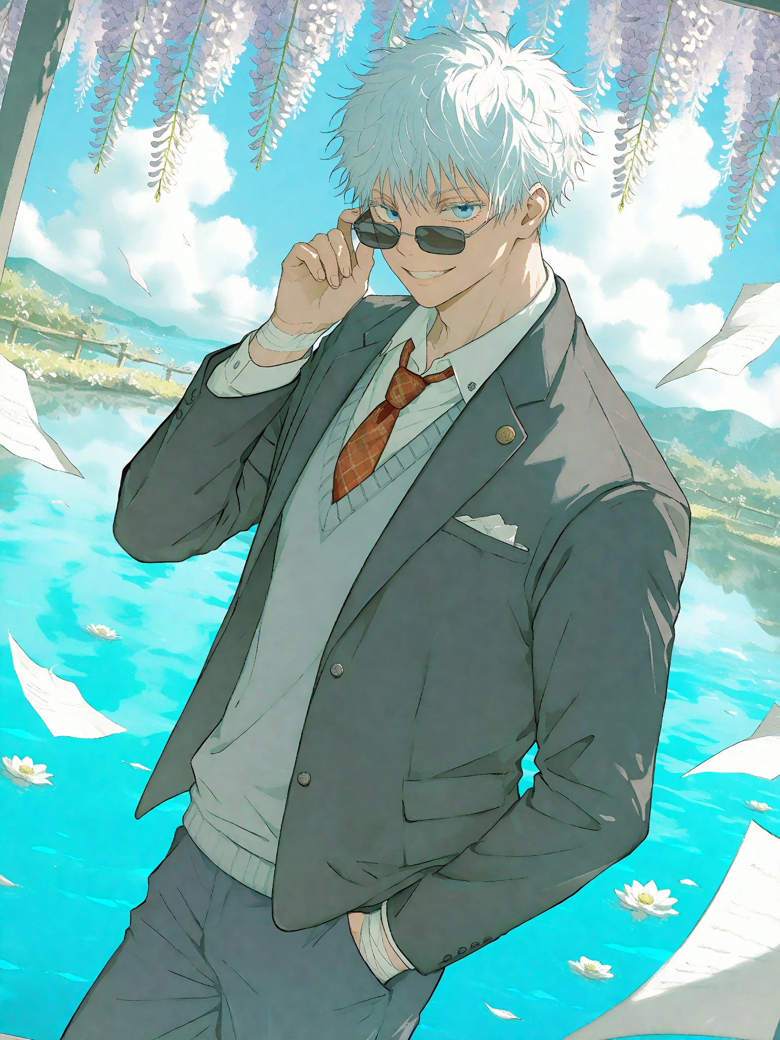 masterpiece, best quality, amazing quality, absurdres, 8k, perfect eyes, thick painted, semi-realism art, semi-realism art style, exquisite details, very detailed, {yoneyama_mai|yoon_(dmsco1803)}, dearvo_cover_style, extremely detailed, colorful, 1male, male focus, gojou satoru /(jujutsu kaisen/), ((alternate hairstyle)), white hair, (short hair), messy hair, (wavy hair:1.5), long eyelashes, white eyelashes, blue eyes, intricate eye iris, detailed eyes, black rectangular sunglasses, hand on sunglasses, (muscular), toned body, handsome, 1man, handsome man, mature, mature man, alternate costume, necktie, plaid necktie, red necktie, golden necktie, open clothes, open jacket, jacket, black jacket, sweater, sweater vest, grey sweater vest, grey sweater, plaid clothes, shirt, collared shirt, white shirt, bandages, bandaged hand, solo, cowboy shot, dynamic angle, from side, from above, looking at viewer, smile, grin, parted lips, standing, hand in pocket, water, reflection, reflective water, flower, purple flower, wisteria, paper, flying paper, photo (object), omamori, ema, floral background, day, cloud, surreal, vibrant colors, colorful,