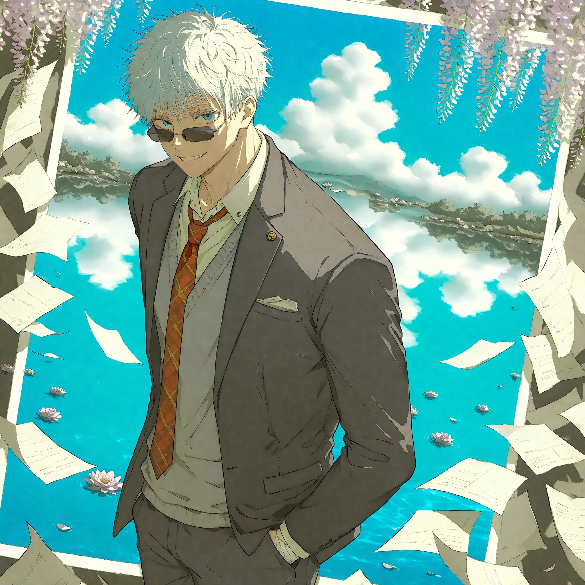 masterpiece, best quality, amazing quality, absurdres, 8k, perfect eyes, thick painted, semi-realism art, semi-realism art style, exquisite details, very detailed, {yoneyama_mai|yoon_(dmsco1803)}, dearvo_cover_style, extremely detailed, colorful, 1male, male focus, gojou satoru /(jujutsu kaisen/), ((alternate hairstyle)), white hair, (short hair), messy hair, (wavy hair:1.5), long eyelashes, white eyelashes, blue eyes, intricate eye iris, detailed eyes, black rectangular sunglasses, hand on sunglasses, (muscular), toned body, handsome, 1man, handsome man, mature, mature man, alternate costume, necktie, plaid necktie, red necktie, golden necktie, open clothes, open jacket, jacket, black jacket, sweater, sweater vest, grey sweater vest, grey sweater, plaid clothes, shirt, collared shirt, white shirt, bandages, bandaged hand, solo, cowboy shot, dynamic angle, from side, from above, looking at viewer, smile, grin, parted lips, standing, hand in pocket, water, reflection, reflective water, flower, purple flower, wisteria, paper, flying paper, photo (object), omamori, ema, floral background, day, cloud, surreal, vibrant colors, colorful,