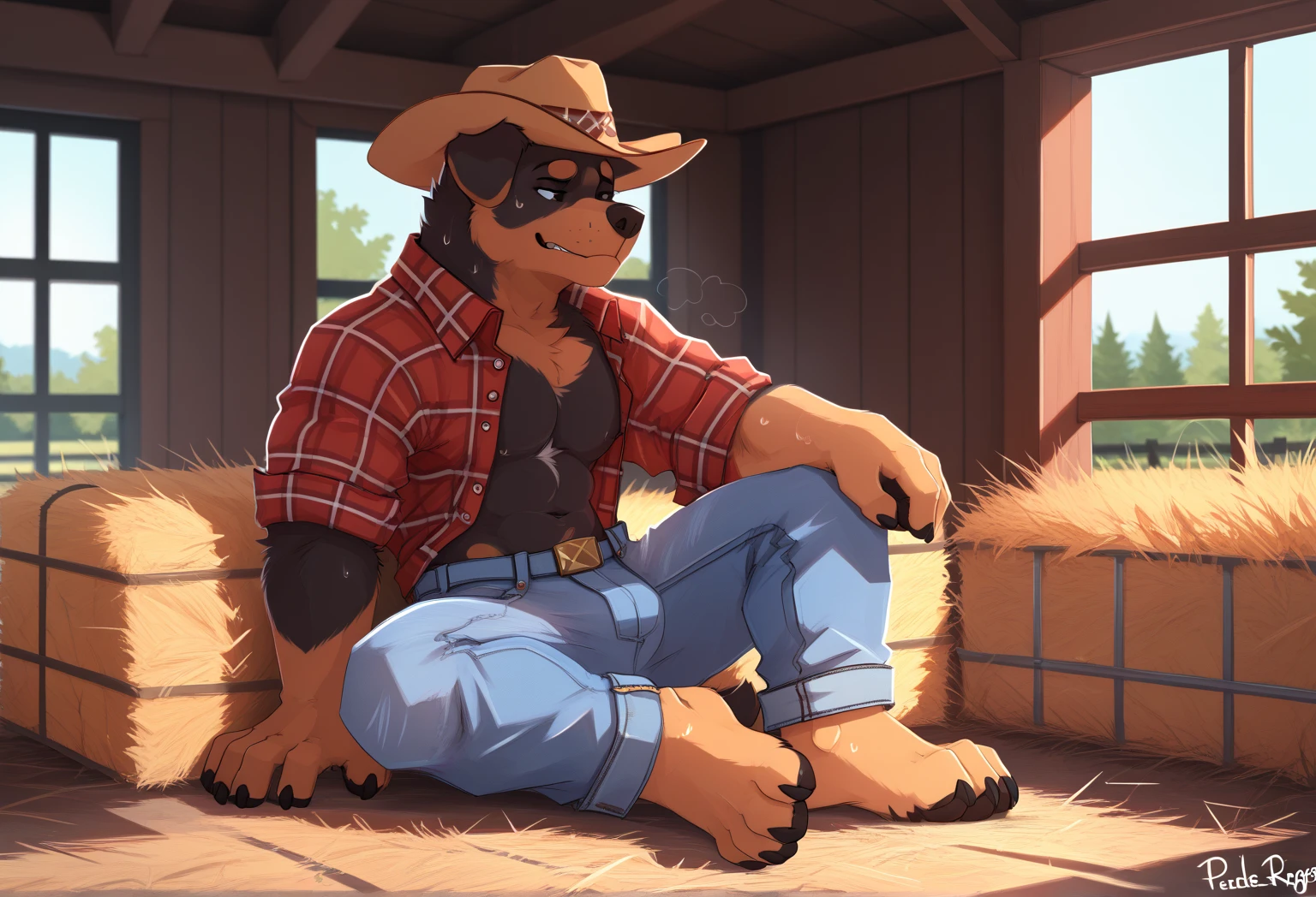 Wolf sitting on top of the front of the truck, farm scene, wearing latex clothes, sweating, cowboy clothes, brown leather boots, farm scene wearing a cowboy hat, with his arms behind his head, front view , striking a sensual pose with her legs open, showing her bulge,
