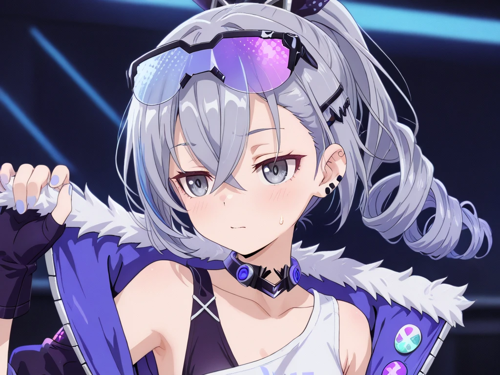 Innocent Girl, gray hair, ponytail, purple eyes, white and purple long top, Black hot pants with complex patterns, right hand microphone, In-ear, on stage, winked, extend one hand forward, realistic lighting, masterpiece, high detail, detailed eyes, detailed face, perfect face, perfect body, With a happy smile, Animation Art, The angle is looking from top to bottom..., the camera is wide angle