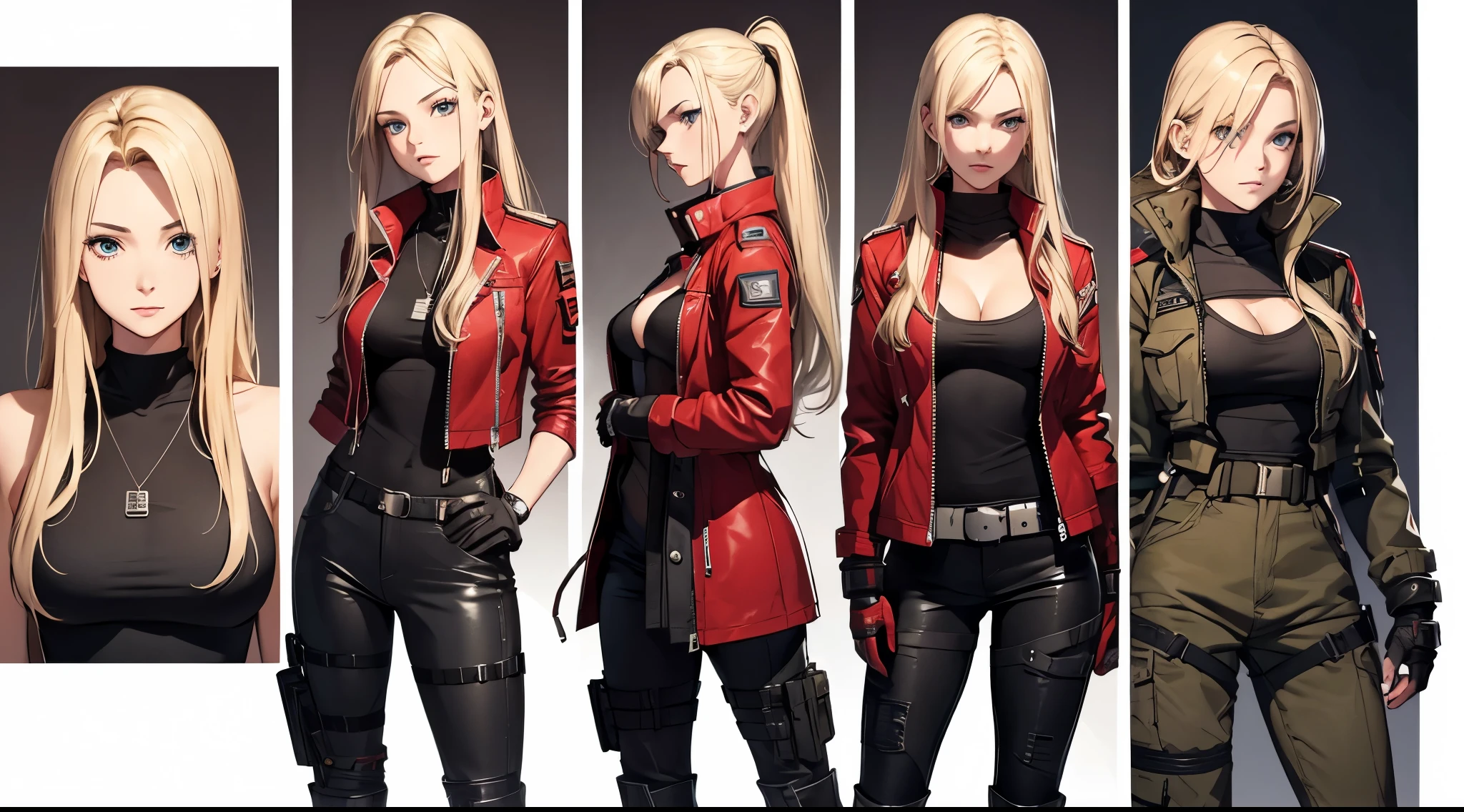 A woman, 20 years old, long blonde hair, tall boots, futuristic red jacket, tank top, cleavage, military pants, jill valentine, tech equipment, various angles, (front, back, side), character sheet, model sheet, reference sheet, perfect face