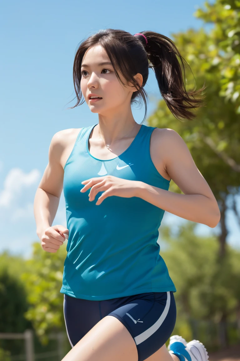 masterpiece, black hair, pure background, beautiful, elegant. Ultra-fine details, masterpieces, realistic textures, realistic cinematic lighting, perfect work, 8k, HD, delicate facial features, (Image from thighs to head), large breast, Sweat-wicking neon green running attire, Determined marathon runner's expression, Scenic trail through a lush forest, Running shoes pounding on the earth,