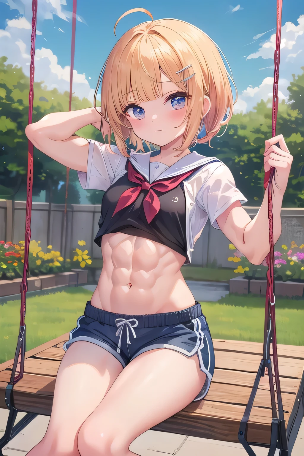 Anime style, super fine illustration, highly detailed, beautiful detailed, pale tone image, static representation, gentle expression, 8k, pretty 1girl with blonde straight short hair & blue eyes & a bright smile & full bust & soft fair skin is wearing the black polo shirt  & sportshorts, in the park, in the morning, in the brilliant particles of lights, romantic stories, solo, perfect 5fingers, perfect arms, perfect legs, masterpiece.