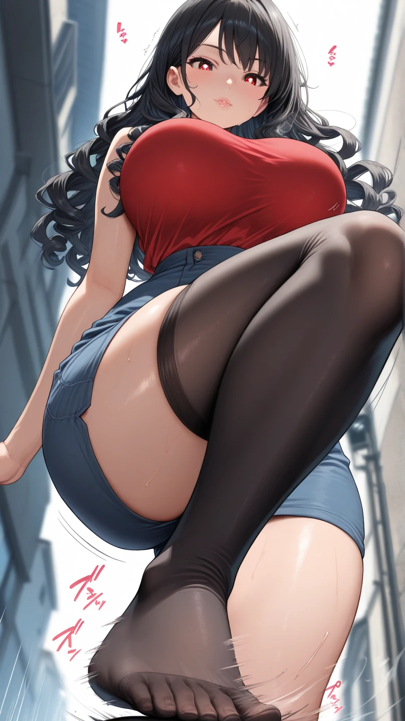 A voluptuous giantess in a tight black mini dress, with long raven-black hair and smoldering dark eyes, stands provocatively over a bustling modern city. Her stiletto heels crush cars and buildings, her legs spread wide as she leans forward to mock the tiny people below. Her voice is filled with playful derision, her body exuding raw sexual power and dominance. Giantess, Goddess, sexy legs, heels, hot, curvy body, mommy issues, tiny people, macrophilia, perspective from below, high quality, almost naked, mature woman, cityscape, erotic.

