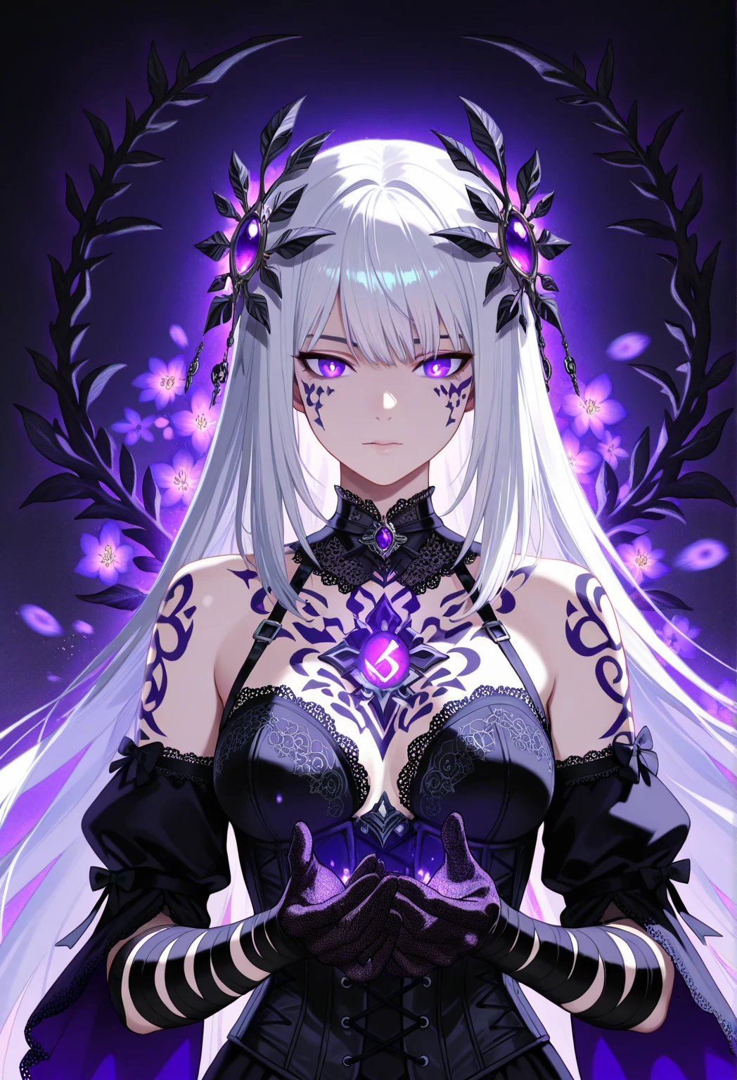 Demon hunter Neon Combat Dress from celestial, (Radiant Royal Cloak: 1.2) Black and silver Color, (extremely delicate beautiful eyes and depression but arrogant eyes), (multicolor, ponytail, iridescent hair, colorful hair, half purple and half white hair: 1.3), (magical, mythic,fantasy), (Super Model Body Shape, idol, seducing body, attractive, gorgeous, charming, majesty, Sexy Saint aura), Original Character, Masterpiece, Tempting Purple Eyes, Purple Gemstone Accessories, Gold Belt, Gold Necklace, Under sun shine, unique crown, (Corruption Tattoo on 1;1.25), 16k, bare shoulders, cute, petite, solo, stars, stardust, moist body detailed, killing scenario, legend, horny blush, pink lips, cinematic lighting, full body close-up, scale up, perfect shade, colorful