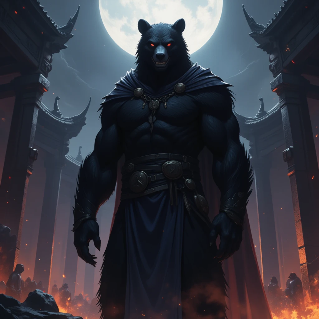 "In a fantasy setting, there stands a black samurai bear, a remarkably realistic anthropomorphic representation of a bear samurai. He is dressed in an imposing traditional samurai black armor, standing out against the landscape. In his paw, he wields a black and gold katana with skill. He has the samurai flag with a bear motif and japanese characters (two large). To his left, the moon shines bright and majestic, the moon appears, shrouded in an air of mystery. This majestic scene further enhances the legendary figure of the moon bear samurai. His image seems ready to step out of the world of fantasy and embody the bravery and honor of a warrior in reality." The bear is grimly prepared to fights with a golden light in his eyes