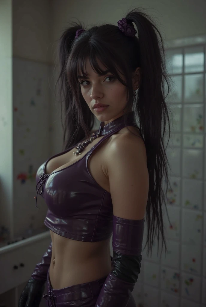Realistic, One Girl, black braids, Parted Lips, Makeup, Blonde, Shine, Thighs, Purple Eyes, Bare Shoulders, Clavicle, Narrow Waist, Sunbeam, Rose, Cutting, Masterpiece, Sweat, Cleavage, Navel, (Hair is wet)), (Full body))), (High leg))), (Not cut out)))), (Dirty toilet), (Chained collar)))), arms restrained behind the body, ((Confined))), (being tortured)))), bewitching expression, ((chained shackles)))), ((chained shackles)))), garter belts, ((()))), (girl is smeared with white liquid))), sitting, kneeling