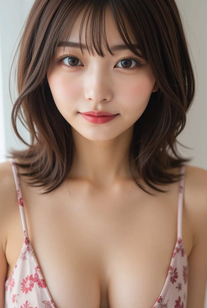 (8k, RAW photo, best quality, masterpiece:1.2), (realistic, photo-realistic:1.4), (extremely detailed 8k wallpaper), famous Japanese idol, 20yo girl, korean model, slender face, detailed face, perfect female body, toned, medium short hair, messy hair, Blunt Bangs, light brown hair, Camisole, (goddess-like happiness:1.2),