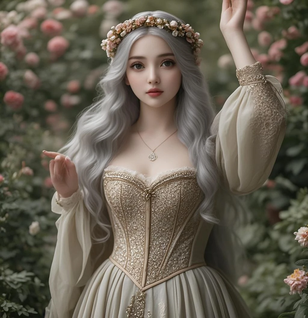 (Best Quality, 4K, 8K, High Definition, Masterpiece:1.2), (Ultra Detailed, Realistic, Photorealistic:1.37), a beautiful young woman with delicate facial features,flower crown,long elegant silver hair, blunt bangs, ornate jeweled headpiece,red silk dress,sitting in a lush garden,surrounded by colorful flowers,intricate background details,cinematic lighting,delicate brushstrokes,oil painting,highly detailed,dramatic,romantic,soft color palette,dreamlike atmosphere