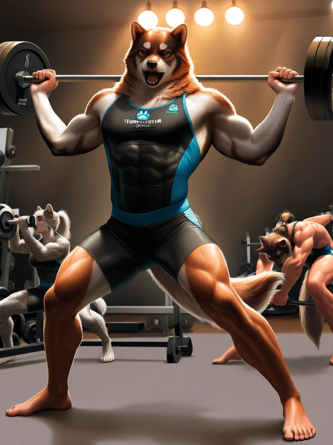 Fursuit, anthropomorphic wolf, furry, 6'7 and 233 lbs, 50" Chest, 21" Shoulders, 17" Biceps, 36" Waist, 25" thighs, 17" calves
20" back, orange fur with red on the tips on his ears and brush of his tail, red hair, mohawk hairstyle, red eyes, wearing plain white t-shirt with sleeves ripped off, at the gym, shirt soaked through with sweat, at the gym, wearing sweat shorts, 7" bulge