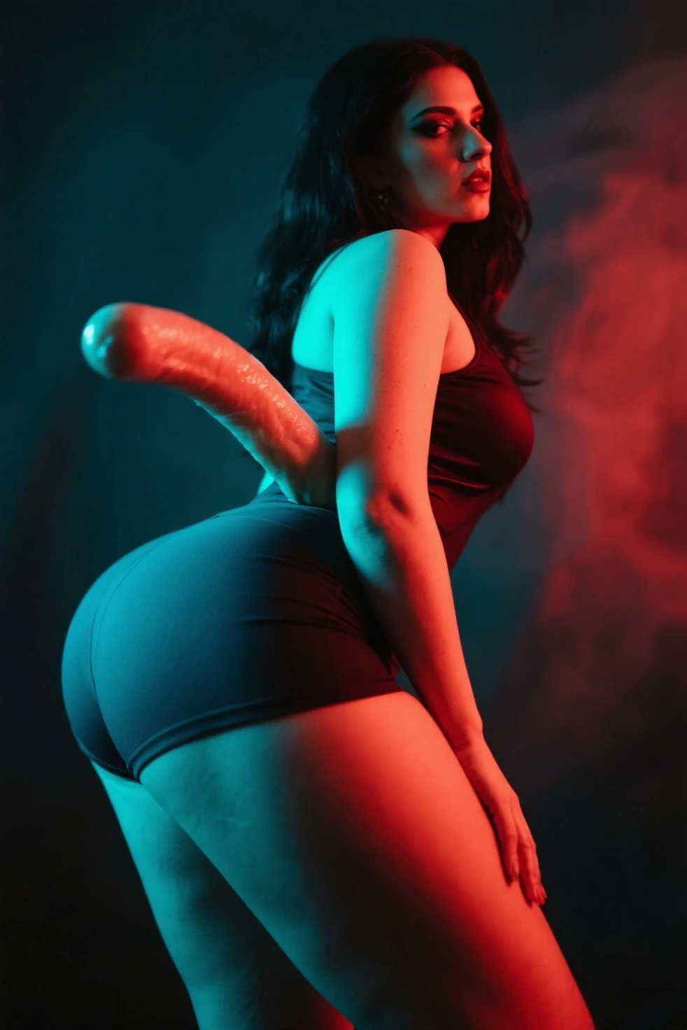 Nerdy woman with multicolored hair and loose clothes fingering herself on the bed, mouth open, dripping wet crotch, anidildo