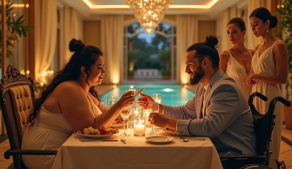 Butler offering food to guest in infinity pool in bikini 