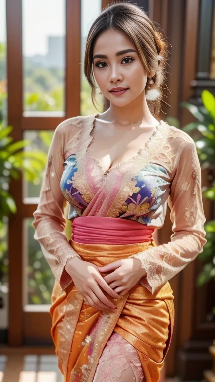 masterpiece, malaysian girl, indonesian girl ,ultra realistic,32k,intricate details, sharp focus, realistic, closed, seductive pose, black eyes, jewelr, lips, realistic, looking_at_viewer, wet skin, shiny skin, SHORT SLEVES, indonesian clothes, bali, balinese, cityscape, transparent standing pose,(( red kebaya)),perfect breast, big breast, full body,busty body,curvy body,long hair,beauty face,cowboy shot,
