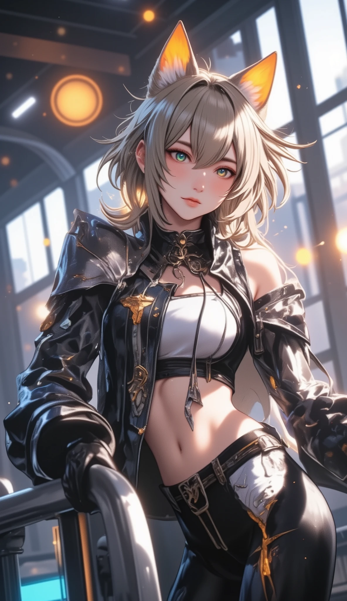 ultra detailed and stylized fantasy catgirl inspired by FFXIV Miqo'te, only fluffy cat ears matching hair color, no human ears at all, human ears completely removed and non-existent, slim and toned yet extremely busty body, wearing tight wet t-shirt soaked with sweat and slightly transparent over large breasts, soft skin, fluffy cat ears blending naturally into slightly stylized hair, messy damp hair sticking to face, flushed cheeks, exhausted but subtly sensual and slightly erotic game-style expression, sweat dripping down cleavage and belly, training on treadmill in elegant fantasy styled gym, soft magical lighting, enchanted gym equipment in background, sweat glistening on skin and clothes, elegant, soft and game-style rendering, ultra detailed, no logo, no text