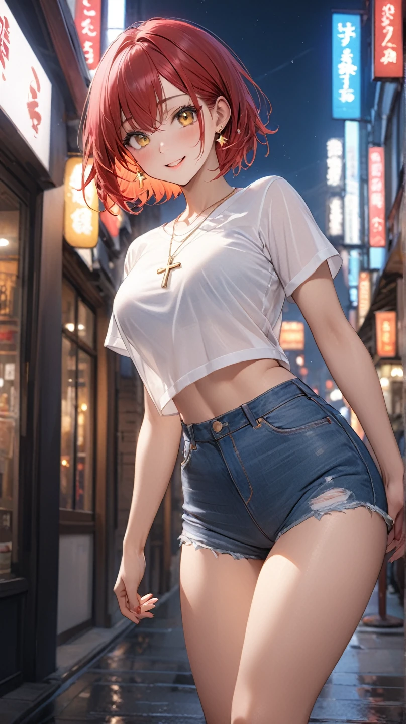 1girl, anime girl, anime, (dark skin), 2d girl, 16y, (fullbody), standing, anime girl, blue eyes, grin, (short hair, pink hair, hair clip), ((Chest Sarashi)), Solo, Slim, medium Breasts, sfw, Tight Shorts, low waist shorts, upshorts, The night city background, city lights, stars in the sky, looking at viewer, darker shadows, (((explicit))), (((shorts))), (((absurdres))), (((thigh gap))), cameltoe, (((cameltoe))), (((cleft of venus))), (((lowleg shorts))),