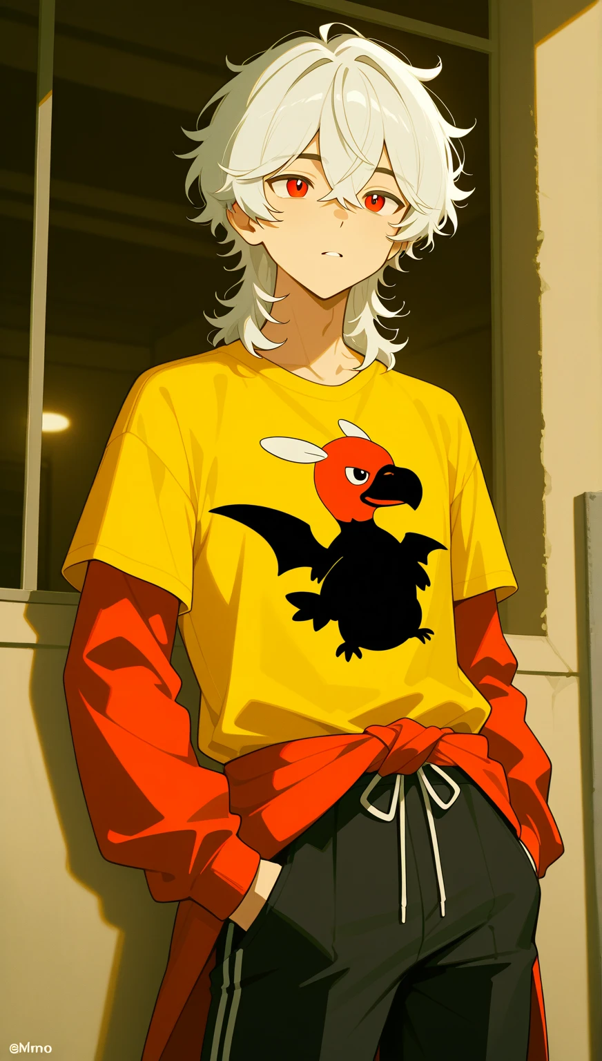 menino, male cartoon character, male face, ,  foco solo , clamps , long waist band, wide black pants, Male body structure, Boy's clothes,  male body, a white stripe around the waist , short silver hair, unkempt hair, medium hair, , men's wavy hair, Masculino, perfect face, perfect face, magro, sozinho, black  men's clothing , t-shirt with sleeves, two-color eyes,  red eyes, perfect eyes,   men's clothing  , Holding scenery in the park, hands in pockets. friendly facial expression.