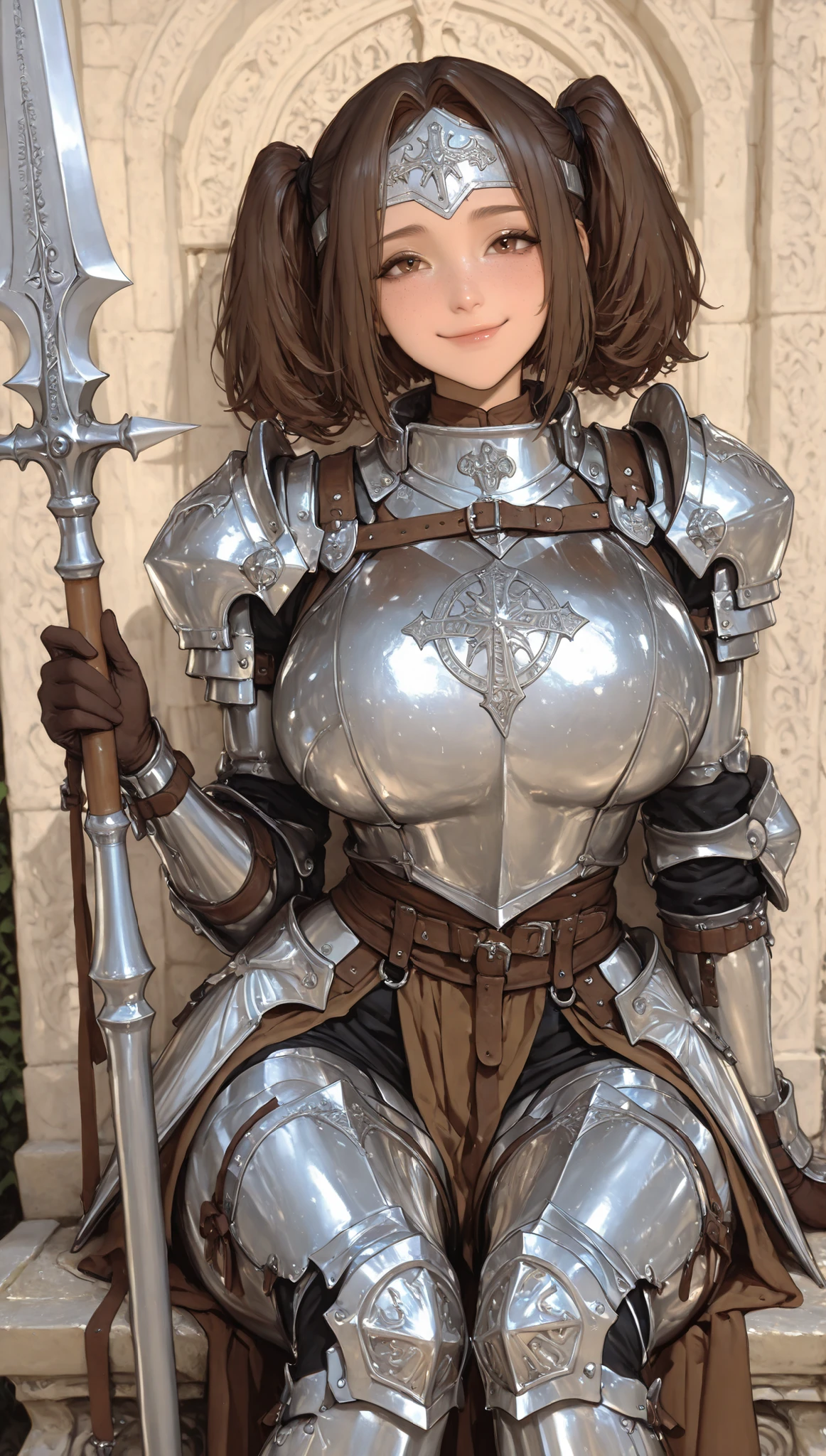 A Female,SOLO,Slim body,Brown eyes,Oppai,(Brown short hair,hair intakes,twintails),Silver Forehead Protector, Wearing A Silver Knight Armor,(Sliver Legs Armor),Holding a Silver Long-handled Spear(Between her legs), In Holy temple,Sitting on A Stone bench,(V-sign)(Smile),UHD, SOLO, anatomically correct, masterpiece, textured skin, high details, highres, 1080P, 16k, accurate, Beautiful face,Perfect face, Highly detailed beautiful face and eyes, Attractive face, Detailed face, Delicate facial features, Detailed skin,Cowboy shot,Look at the viewer