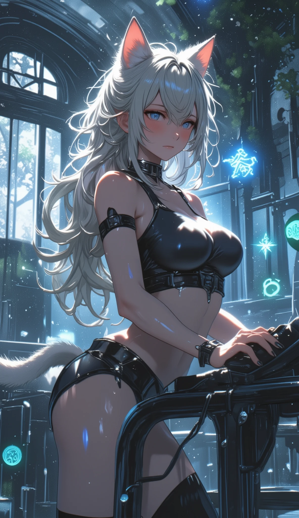 1 girl, big, bunny, bad smile, long gray hair, pale skin, heart-shaped light blue eyes, fangs, white cat ears, cage, chain --auto --s2