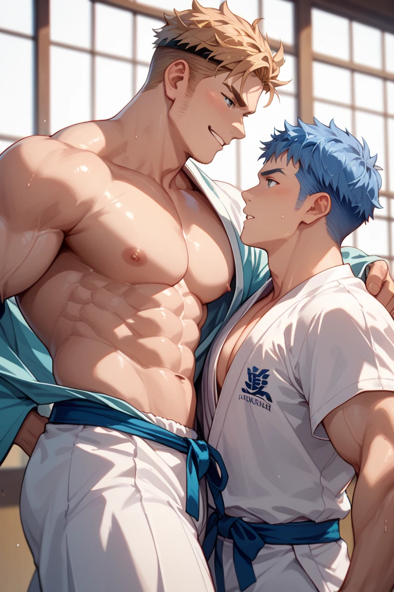 a tall, muscular man with pale skin, having a set of well-developed and usually torn abdominal muscles. He has short, spiky pale blue hair with thin eyebrows of the same color., as well as a pair of scarlet red eyes. On the left side of his neck, has a big scar