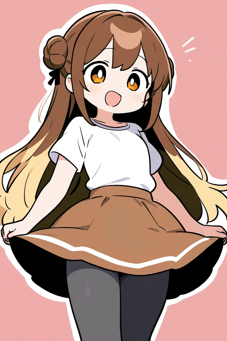 best quality, 8k, manga cover, 25 year old girl, long brown hair, pink shirt, black shorts, white sneakers, brown eyes, gigantic breasts