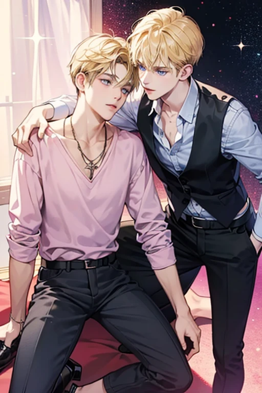 gay、Blond man、White、190cm、Black-haired man、180cm、Muscular 、whole body、Sculpture-like、smile、Gazing at each other、Holding hands、like、Movie stills、painful、null、Ocean、evening、beautiful