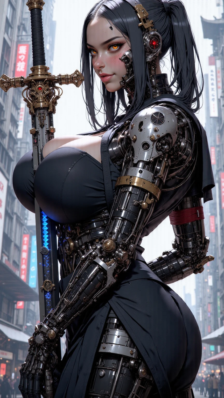 (Best Quality, 8k, 32k, Masterpiece, UHD:1.3), (Photo of Attractive European Woman), 1 Girl, (Huge Boobs:1.5), (long braids hair), black haired, Abs, Perfect Body, Ultra Detailed Face, Detailed Lips, Fine Eyes, double eyelids, techwear clothes, tight Latex, (seductive), ((aroused:1.7)), ((areolae slip))