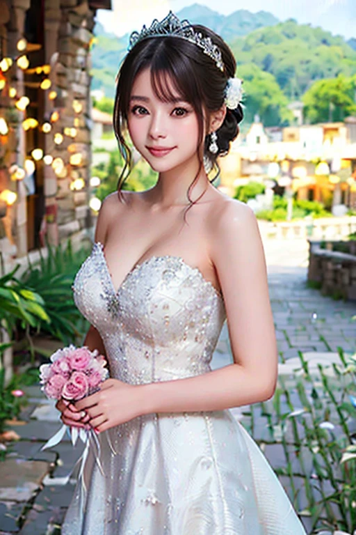 (Highest quality, masterpiece:1.2), (Realistic:1.3), (ultra-Detailed Background, Detailed Background), Bokeh, Ruffled see-through dress, (See-through white dress with lace trim:1.4), Bridal Tiara, Gorgeous see-through parchment wedding dress, Luxury See-Through Wedding Dress, Classic See-Through Wedding Dress, show, Bridal Veil, Bridal Gauntlet, Bridal Cascading Bouquet, Upper Body, Church wedding, From above, The skirt is round and wide, (smile adorable beauty:1.3), One girl, cute, Teen, Pause, smile, Dynamic Angle, ダイナミックなPause, (((No pants))),