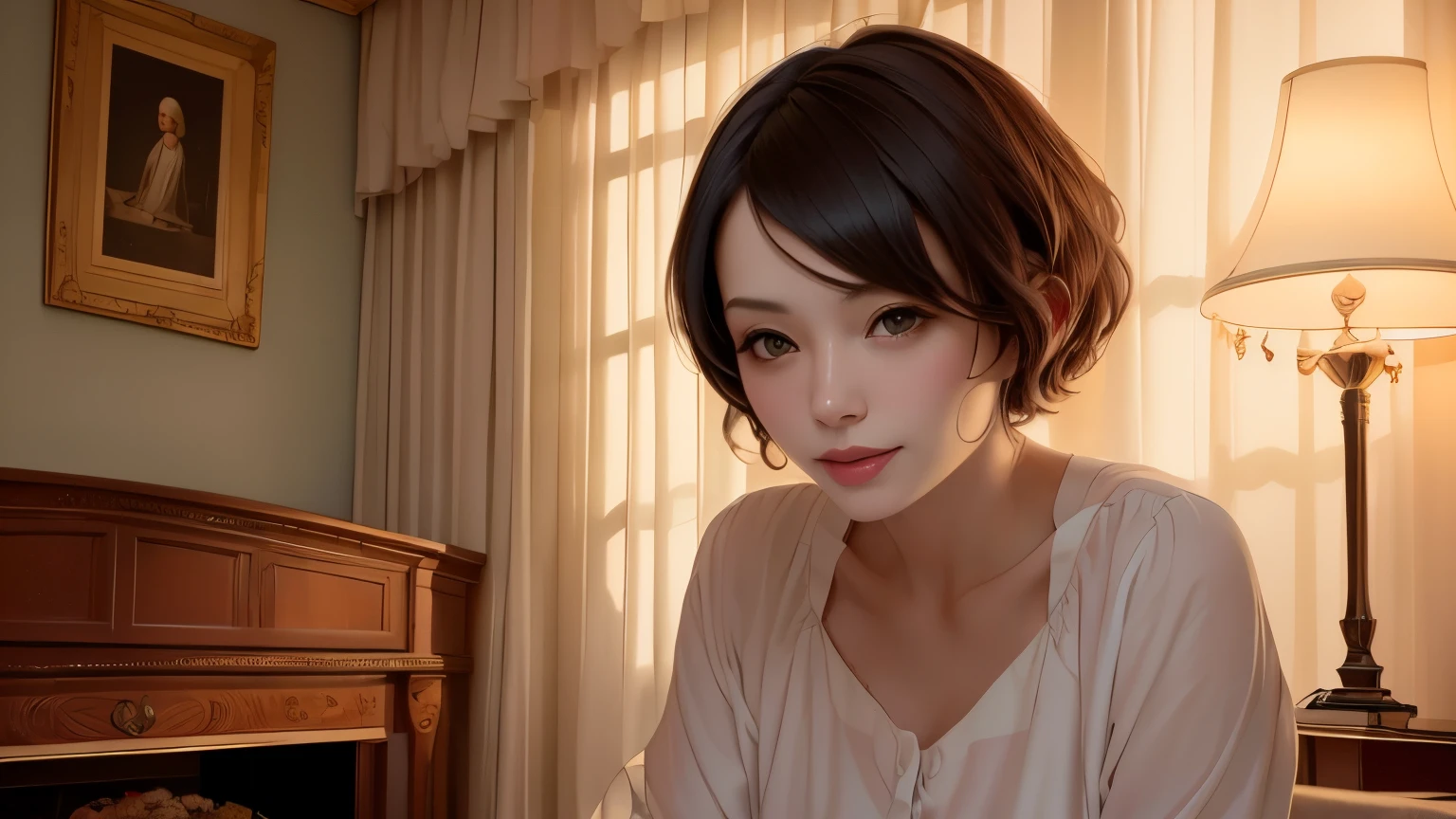 381 (20 year old woman),(short hair),(gentle smile),(high quality photos),( cinematic pictures playing on the lawn ),(colorful),(luxurious room),((contrast between light and shade))