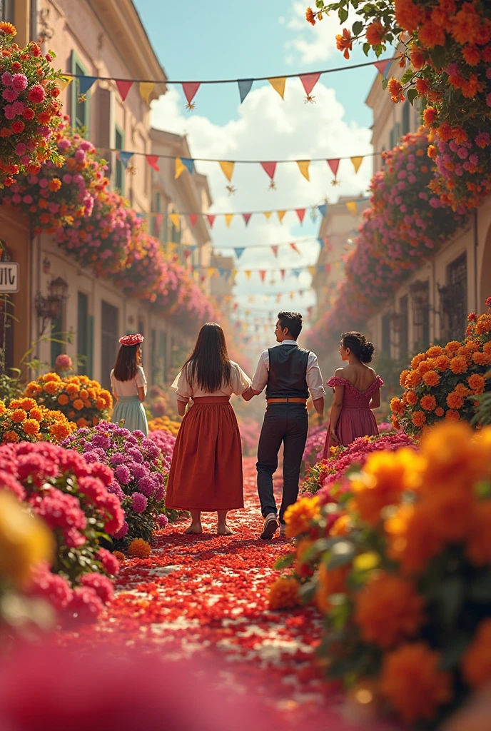 create an image of a picturesque square in an Italian city, with people dancing, talking and celebrating and 1 man and 1 woman and their two young daughters looking on