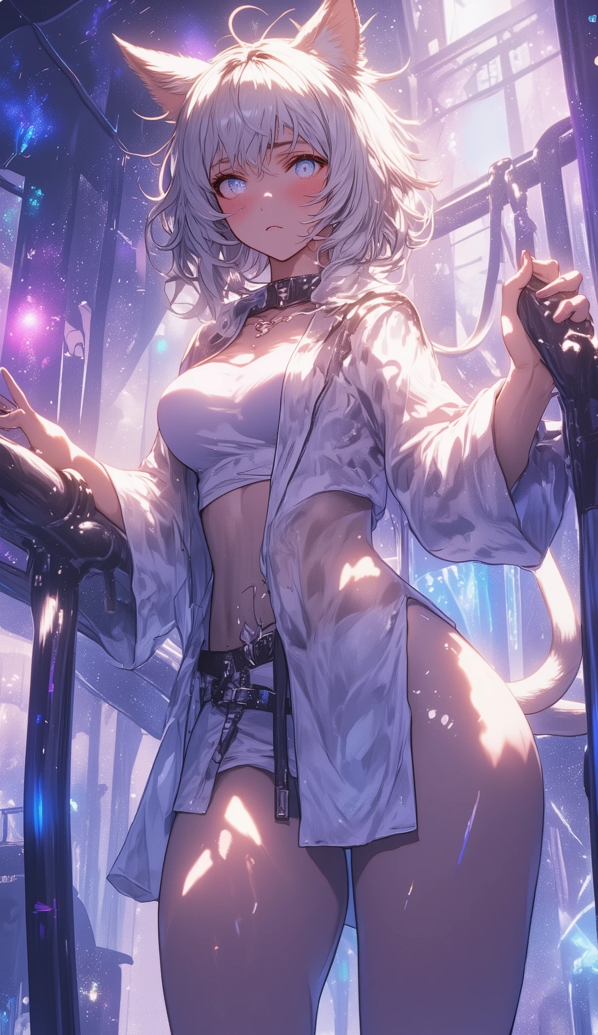 macabre girl, white eyes, eye makeup, white eyebrows, white eyebrows, black lips, long hair, moving white hair, huge white cape, cleavage, black latex pants, high-heeled boots, sitting with legs open like a model, ( ((emitting black mana, levitating furniture))), {extremely detailed 16k CG unit wallpaper}, expansive landscape photography, (a low view with focus on character and setting), (wide view of open field ), (low angle shot), (high light: 1.3), (low light: 1.5), (warm light source: 1.3), complex details, (iridescent colors: 1.5), (bright lighting), (atmospheric lighting ), dreamer, unique,