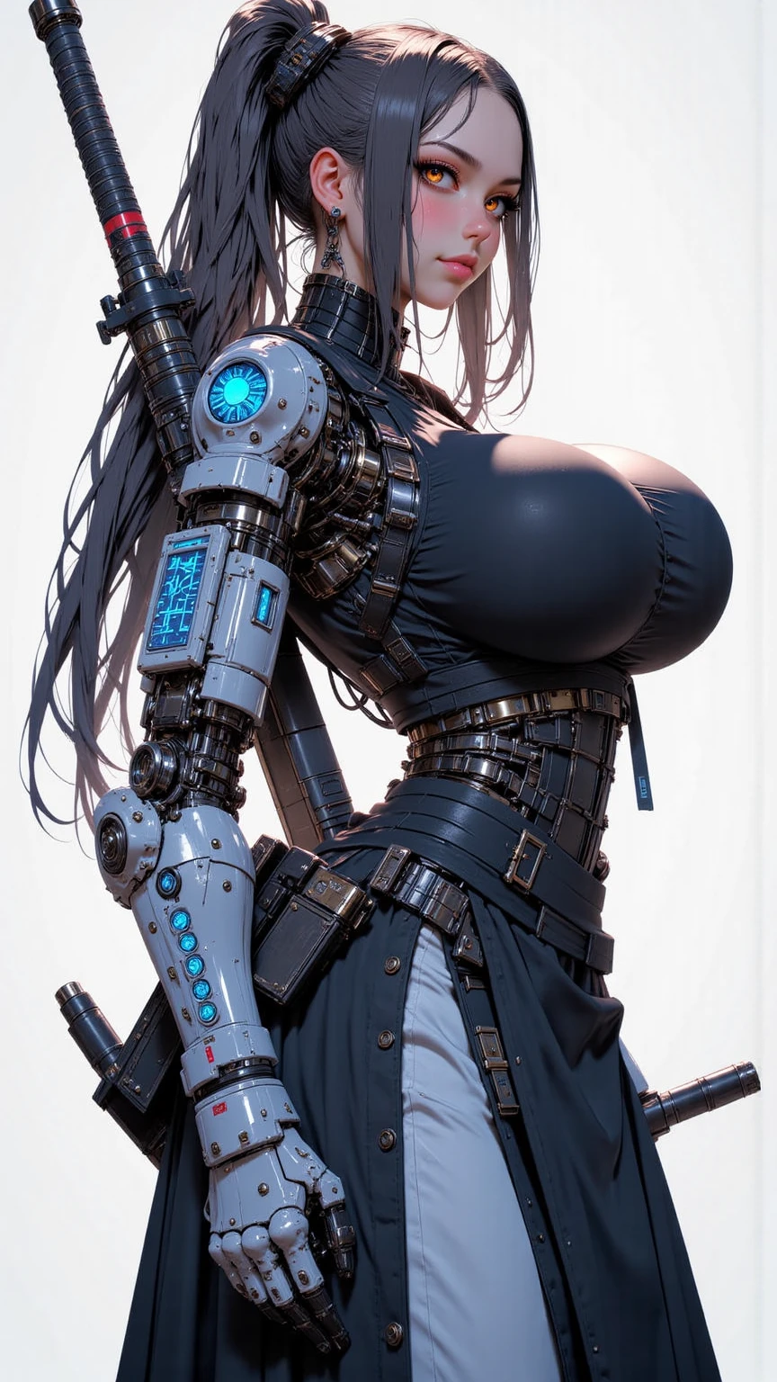 1 mechanical girl、((The details are extremely realistic.))、Portlet、world class illumination、shadow、Octane render、8K、extra sharp、Steampunk Cyborg Body、white porcelain body、hydraulic cylinder、Details of intricate jewelry、Details of Gothloli、Very complicated details、realistic light、CGSoation trend、purple eyes、sparkling eyes、Facing the camera、neon details、big 、You can see the separation.、mechanical limbs、Blood vessels that connect to the spine tubeechanical attached to the back、The mechanical cervix is attached to the neck.、sit on、Wires and cables connect to the head.、The background is a steampunk area.、
