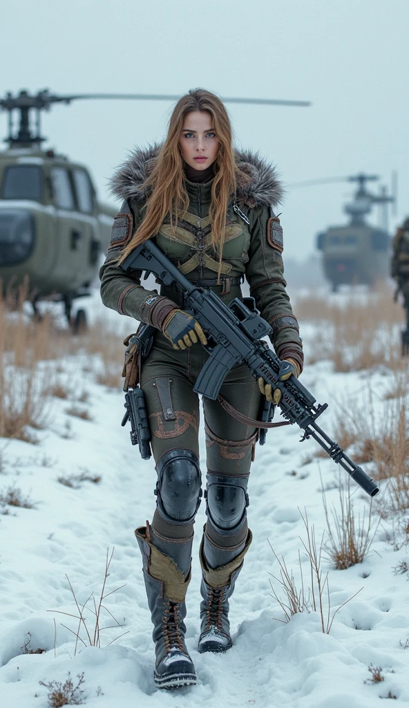 (photorealistic)++, beautiful lighting, masterpiece++, best quality++, realistic, full body portrait, real picture, intricate details, depth of field, 1girl, in a cold snowstorm, A very muscular solider girl with orange hair, wearing winter camo military fatigues, camo plate carrier rig, combat gloves, (magazin pouches)+, (kneepads)+, highly-detailed, perfect face, blue eyes, lips, wide hips, small waist, tall, make up, tacticool, Fujifilm XT3, outdoors, bright day, Beautiful lighting, RAW photo, 8k uhd, film grain,
