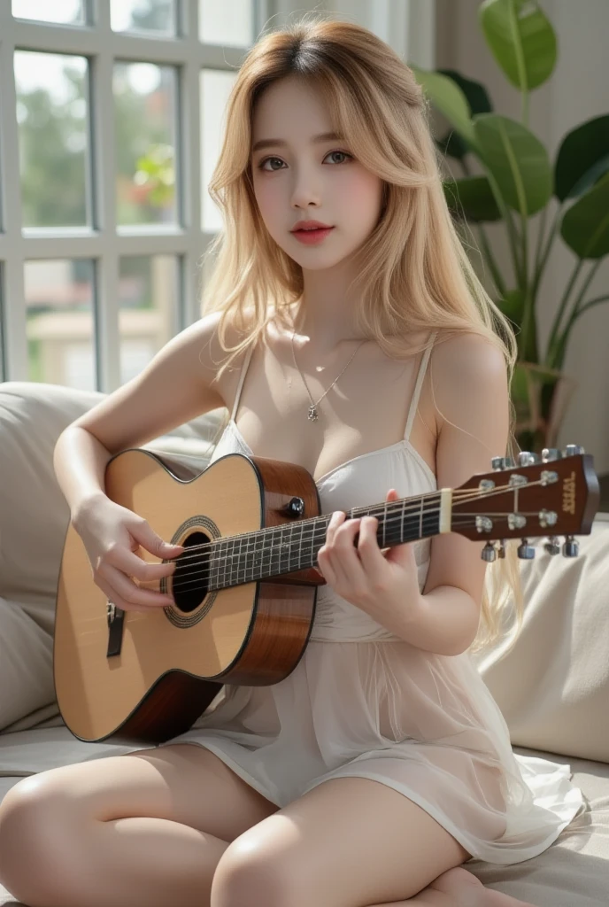 girl, white, curly hair, slim, small breasts, In underwear, playing guitar on a couch