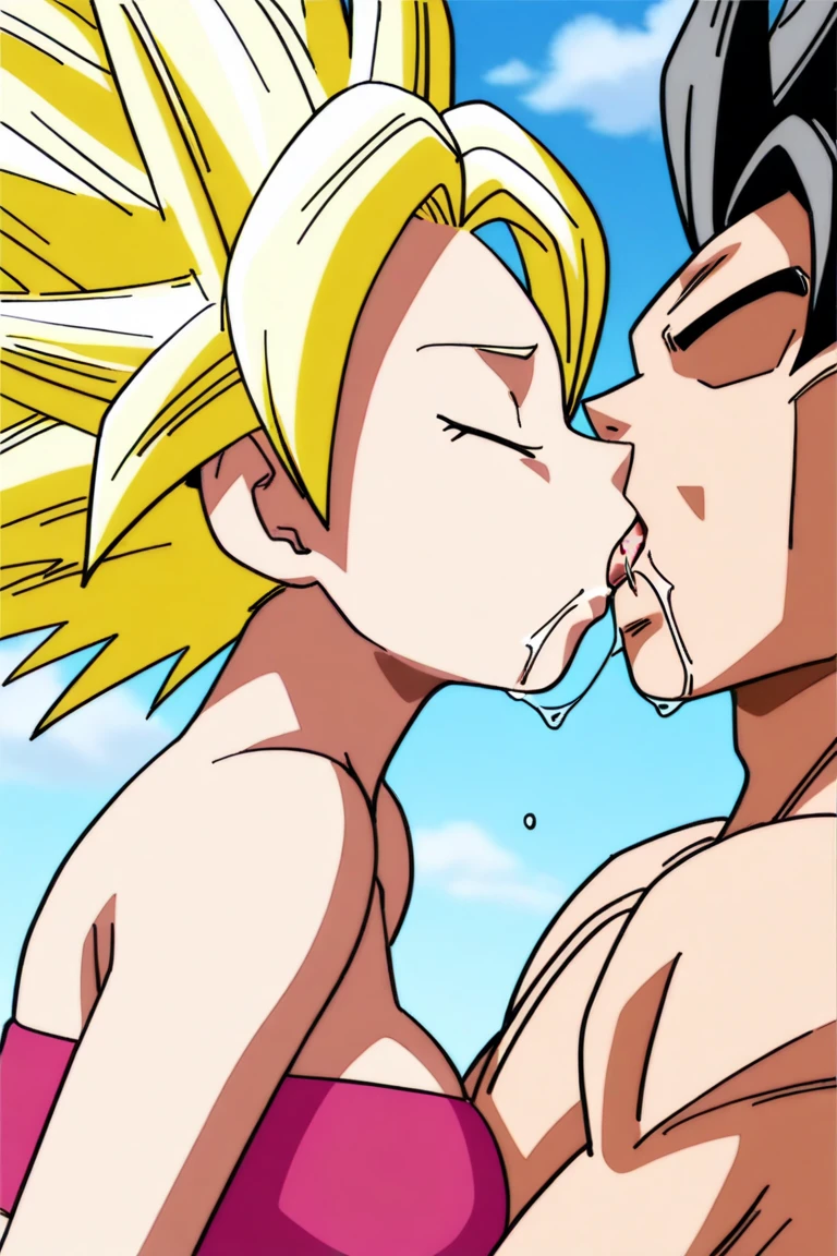 1futa, Saiyan, spiked blonde hair, super sayajin ,green eyes, slim, thin waist, wide hips, dark skin, medium breasts, no clothes, nude, bobs, huge dick, large dick, steamy dick, getting blowjob from another girl, girl doing blowjob in futanari